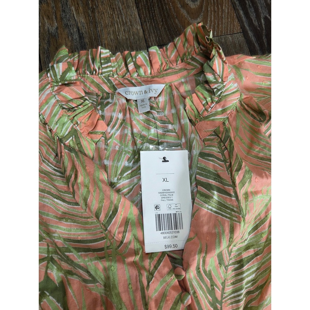 Crown & Ivy Womens XL Coral Palm Tiered Maxi Dress Ruffle Neck Short Sleeve NWT - Picture 5 of 6